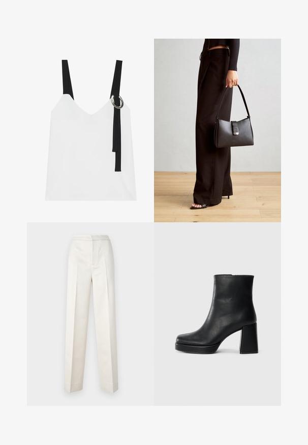 Valge ilma varrukateta top, millel on V-kujuline kaelus, mustade rihmade ja hõbedase rõngaste detailiga. Sile kangas ja kaasaegne, minimalistlik disain.; Kreemi värvi püksid, millel on kohandatud lõige, sirge jalg, sile kangas, esipleat ja puhas äär. Minimalistlik disain.; Must musta ankle boot, milleplokk-konts ja platvormi tallaga, vaadatud küljelt ühetoonilise valge tausta peal.; Must musta kott, millel on struktureeritud kuju, sile tekstuur ja metallist klamber. Kombineeritud laiate mustade pükstega ja avatud varvaste sandaalidega puidust põrandal.