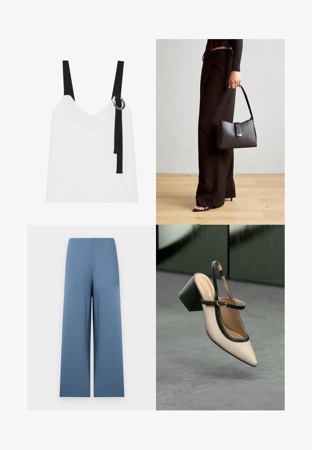 Vit ärmlös topp med V-ringning, försedda med svarta band och en silvrig ringdetalj. Slät tyg och en modern, minimalistisk design.; Vida byxa i mjukt, blått tyg. Har ett sömlöst midjeband och en jämn, slät yta. Inga synliga knappar eller fickor.; Beige spetstoppad slingback-sko med svart kant, guldspänne och en kraftig blockklack på grått golv med mörkgrön bakgrund.; Svart handväska med strukturerad form, slät yta och metallspänne. Matchad med vida svarta byxor och sandaler med öppen tå på trägolv.
