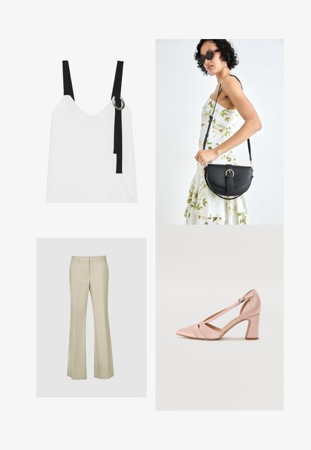 Top blanco sin mangas con escote en V, con tirantes negros y un detalle de anillo plateado. Tejido suave y un diseño moderno y minimalista.; Pantalones acampanados beige en una tela suave, con una cintura de altura media, detalles en las costuras y sin herrajes ni patrones visibles.; Zapato de tacón alto de satén rosa con puntera afilada y tira ajustable en el tobillo, que presenta recortes diagonales y un tacón grueso.; Bolso de piel negra con forma curva, correa desmontable y herrajes dorados. El bolso cuenta con una solapa con un detalle de hebilla.