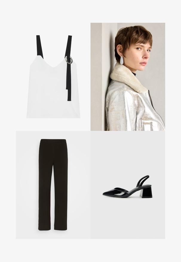Bela brezrokavnika s V-izrezom, ki ima črne naramnice in srebrno okrasno obrobo. Gladka tkanina in sodoben, minimalističen dizajn.; Črne hlače straight-leg iz tkanine, z ravnim sprednjim delom, dvema stranskima žepoma in gladko teksturo. Brez vidnih vzorcev ali dodatkov.; Črne lakirane slingback pete s koničastim nosom in geometrijsko blokasto peto. Imajo eleganten, minimalističen dizajn in gladko teksturo.; Srebrna metalik usnjena jakna s ovratnikom iz jagnječje kože, z zadrgo in strukturirano površino. Velike kapljaste uhane s prozornimi dragimi kamni.