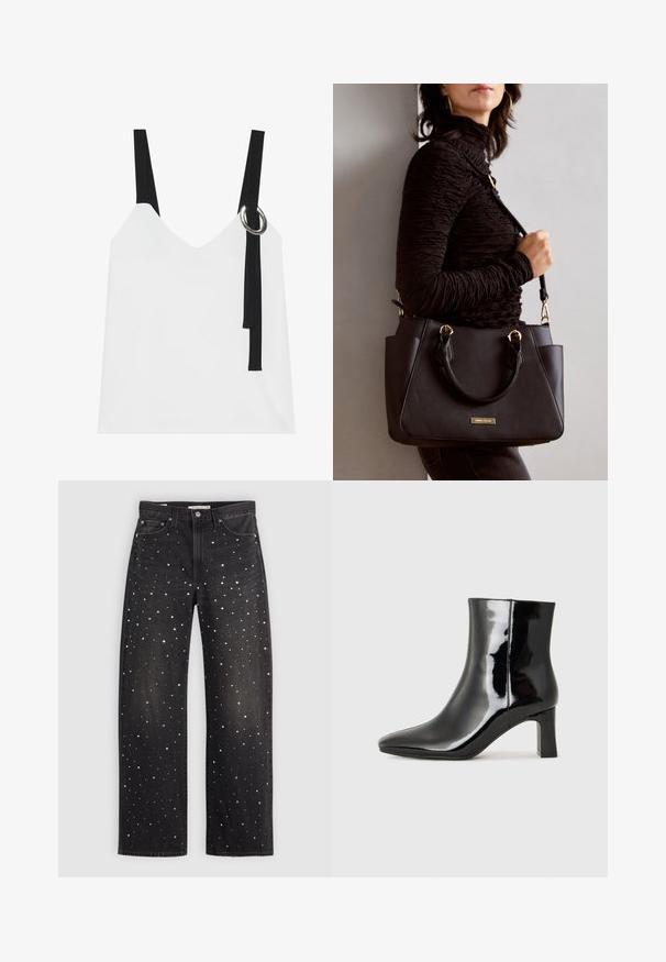 Balta bez piedurknēm topa ar V-veida kakla izgriezumu, ar melnām siksnām un sudraba gredzenu. Gluda auduma un mūsdienīgs, minimālistisks dizains.; Melnas denim bikses ar brīvu piegriezumu, ar izkaisītiem sudraba, zelta un baltas punktiņiem. Izstrādātas ar klasiskām kabatām un metāla apdari.; Melnas patentētas ādas potīšu zābaki ar norādītu pirkstu un vidēja augstuma kvadrātveida papēdi. Gluda tekstūra un minimālisma dizains.; Melnā rokassoma ar teksturētu virsmu, diviem augšējiem rokturiem un regulējamu pleca siksnu. Iespējas ar zelta krāsas aparatūru un sānu kabatām.