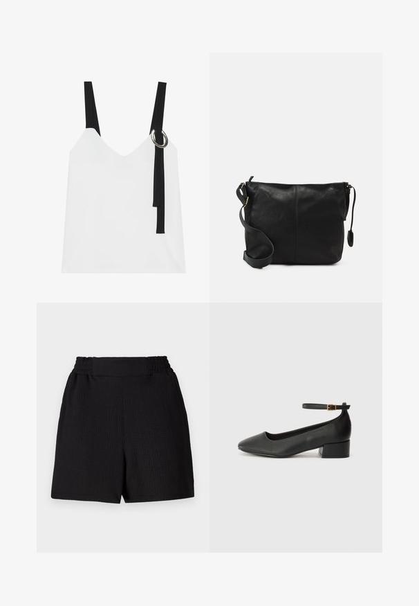 White sleeveless top with a V-neck, featuring black straps and a silver ring detail. Smooth fabric and a modern, minimalist design.; Black shorts with a textured fabric, elastic waistband, and straight cut. Features a clean design with no additional accents or patterns.; Black leather pump with a pointed toe and a low block heel. Features an ankle strap with a gold-tone buckle. Smooth texture.; Black leather crossbody bag with a flat shape, gold hardware accents, and an adjustable strap. Smooth texture with minimal stitching details.