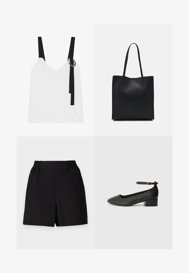 Biała bezrękawnikowa bluzka z dekoltem w serek, z czarnymi ramiączkami i srebrnym detalem w kształcie pierścienia. Gładki materiał i nowoczesny, minimalistyczny design.; Czarne szorty z teksturowanej tkaniny, elastycznym paskiem w talii i prostym krojem. Oferują czysty design bez dodatkowych akcentów czy wzorów.; Czarne skórzane szpilki z ostrym noskiem i niskim słupkowym obcasem. Wyposażone w pasek na kostkę z złotym zapięciem. Gładka tekstura.; Czarna skórzana torba tote o gładkiej fakturze, prostokątnym kształcie i dwóch długich uchwytach. Brak widocznych elementów metalowych i ozdób.
