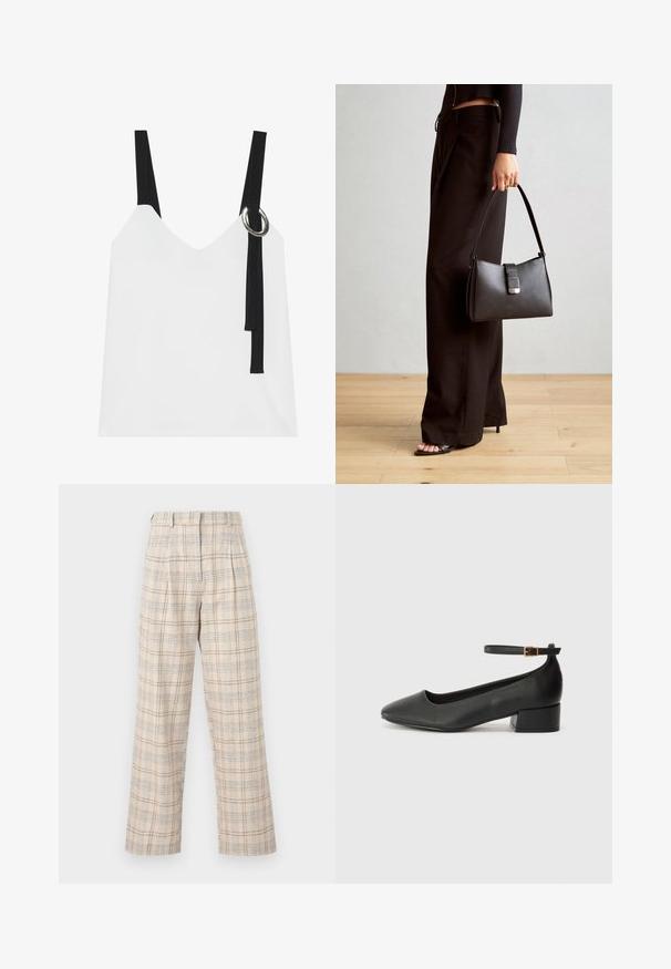 Balta bez piedurknēm topa ar V-veida kakla izgriezumu, ar melnām siksnām un sudraba gredzenu. Gluda auduma un mūsdienīgs, minimālistisks dizains.; Bēša krāsa, platu kāju bikses ar smalku rūtainu rakstu zilā un brūnā krāsā. Izgatavotas no viegla auduma, ar pleciem jostasvietā.; Melnas ādas sūkņi ar smailu purngalu un zemu bloku papēdi. Iezīmēts ar potītes siksniņu ar zelta krāsas sprādzi. Gluda tekstūra.; Melnā somiņa ar strukturētu formu, gludu tekstūru un metālu sprādzi. Saskaņota ar platām melnām biksēm un sandālēm ar atvērtu purngalu uz koka grīdas.