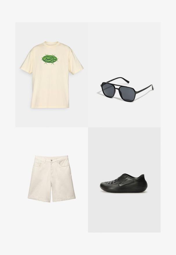 Világos bézs színű, rövid ujjú póló, amelynek közepén zöld ovális Nike logó látható, amelyet stilizált tövisek vesznek körül.; Beige farmernadrág rövidnadrág, kényelmes szabással, öt zsebes dizájnnal és elöl gombos záródással. Az anyaga finom textúrával és tiszta szegéllyel rendelkezik.; Fekete, sima műanyagból készült, csúszó klumpák bordázott dizájnnal, a felső részén perforált lyukakkal és egy diszkrét oldalsó logóval.; Fekete napszemüveg nyolcszögletű kerettel, sötét lencsékkel, fényes felülettel, vékony szárakkal és arany díszítéssel az elülső részén.