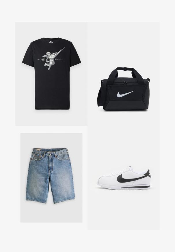 Juodas Nike marškinėliai su pilkosios spalvos sparnuoto angelo grafika, ilga Nike swoosh atsikišimu ir tekstu "nike sportswear ant pergalės sparnų."; Šviesiai mėlyni džinsiniai šortai klasikiniu siluetu. Turi penkis kišenes, oranžinės siūlės akcentus ir netvarkingus kraštus.; Baltos odinės sportinės bateliai su juodu Nike ženklų, plokščiomis raišteliais ir tekstūruotu guminiais padu. Suapvalintas pirštas ir paminkštintas apykaklė patogumui.; Juodas sportinis krepšys su lygiu audiniu, dviem užtrauktukais užsegamais skyreliais, paminkštintomis rankenomis ir dideliu baltu Nike logotipu priekyje.
