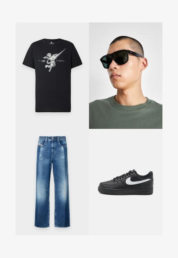 Czarna koszulka Nike z grafika anioła z skrzydłami w odcieniach szarości, z wydłużonym logo Nike i napisem "nike sportswear on the wings of victory".; Spodnie dżinsowe typu wide-leg w średnim odcieniu niebieskiego, z zapięciem na guziki, przednimi kieszeniami i delikatnym wyblaknięciem. Czysta nogawka o prostym kroju.; Czarne sneakersy Nike Air Force 1 z gładką skórzaną cholewką, białym akcentem logo, perforowanymi palcami oraz teksturowaną gumową podeszwą.; Czarne prostokątne okulary przeciwsłoneczne z ciemnymi szkłami, o charakterystycznym kształcie i logo na zauszniku. Noszone przez osobę w zielonej koszuli.
