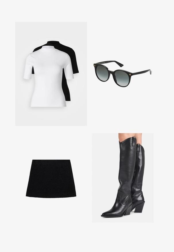 Set dveh prilegajočih se turtleneck majic v beli in črni barvi. Kratki rokavi, gladka bombažna tkanina in tesno prilegajoča zasnova. Brez vzorcev ali grafike.; Črna A-linijska krila iz teksturirane tkanine, s stišanjem na dnu in gladkim pasom. Preprost dizajn brez vzorcev ali strojne opreme.; Črne usnjene škornje do kolen s koničastim nosom, ukrivljenim steblom in debelim petkom. Imajo gladko teksturo in ušesca na vrhu.; Črne prevelike sončne očala z graduacijskimi lečami. Plastičen okvir z zaobljeno obliko. Zlati logotip na strani. Gladek zaključek.; Črna tkaninasta torba s two ročaji, ki ima teksturirano površino in pravokotno obliko. Preprost, edinstven dizajn brez vidne opreme.