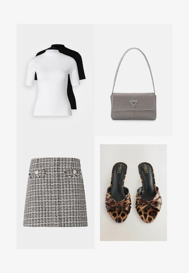 Set aus zwei enganliegenden Rollkragenoberteilen in Weiß und Schwarz. Kurzarm, glattes Baumwollmaterial und figurbetontes Design. Keine Muster oder Grafiken.; Tweed-Minirock in Schwarz und Weiß mit strukturiertem Muster. Verfügt über zwei kleine Taschen mit dekorativen Verzierungen.; Leopardenmuster offene Mules mit einem geknoteten Schleifendetail an der Vorderseite. Glattes schwarzes Innenfutter und weiches, strukturiertes Material.; Hellegraue metallische Handtasche mit einer Kettenriemen, verziert mit kleinen kreisförmigen metallic Nieten und einem dreieckigen Markenlogo.; Silberne Creolen mit einer glatten, glänzenden Oberfläche. Abgerundete Form, leichtes Design, mit einer Steckverschluss.