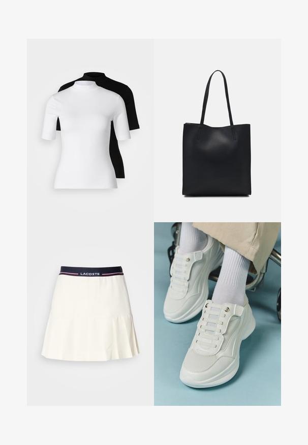 Set dveh prilegajočih se turtleneck majic v beli in črni barvi. Kratki rokavi, gladka bombažna tkanina in tesno prilegajoča zasnova. Brez vzorcev ali grafike.; Bela plisirana krila z mornarsko modrim pasom, ki vsebujejo Lacoste logo in rdeče detajle. Narejena iz gladkega, mehkega materiala.; Bele teniske z mrežastim materialom, gumene podplate, brez vezalk, z elastikami in zlatimi akcenti.; Črna usnjena torba s svilnato teksturo, pravokotne oblike in dvema dolgima ročajema. Brez vidnih metalnih delov ali okrasnih elementov.