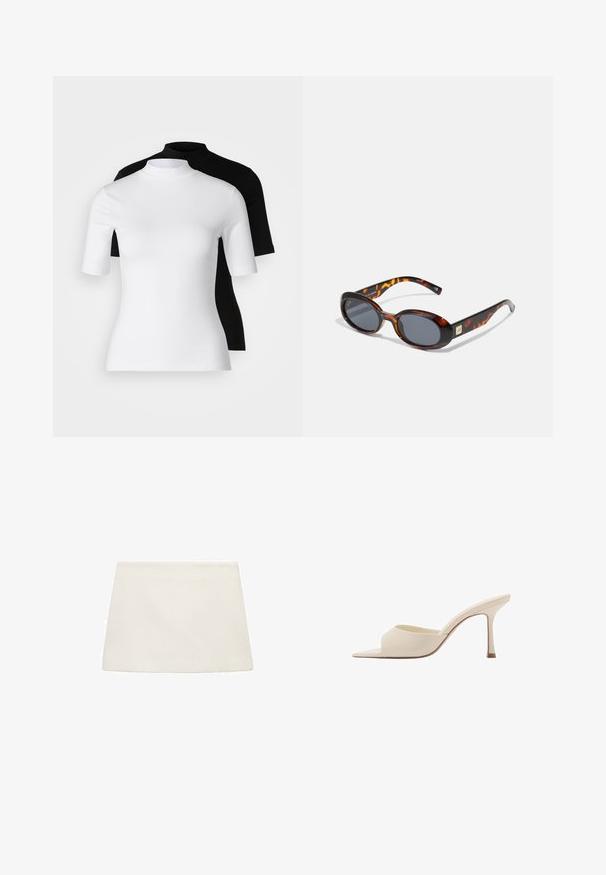 Set de două bluze cu guler înalt, ajustate, în alb și negru. Mâneci scurte, material din bumbac neted și design aderent. Fără modele sau grafică.; Fustă mini din fleece alb, cu croială dreaptă, textură moale și suprafață netedă. Nu are închizători vizibile sau modele.; Muler cu vârful ascuțit din piele patent bej moale, cu un toc înalt subțire și spate deschis, având o textură netedă și un design minimalist.; Ochelari de soare tortoiseshell maro cu lentile ovale și nuanță gri închis. Prezintă un accent de culoare aurie pe temploane. Textură netedă din plastic.; Bratara din metal cu finisaj auriu, având zale intercalate ovale și rotunde, închidere cu carabină. Finisaj metalic neted și strălucitor.
