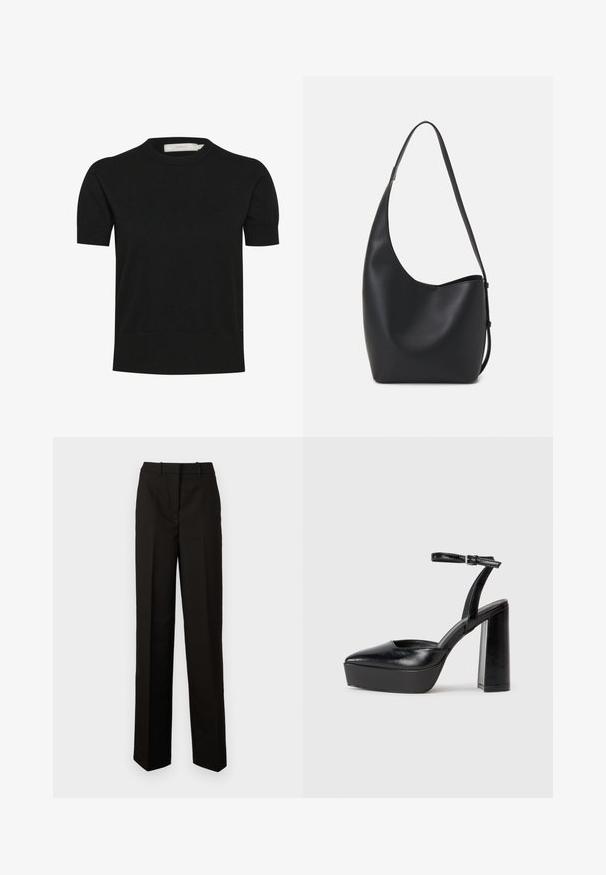 Svart kortärmad tröja med rund halsringning, tillverkad av mjukt material, med rak passform, slät textur och en minimalistisk design utan synliga dekorationer.; Svarta skräddarsydda byxor i slätt tyg, med rak ben-design, två fickor fram och flat front med bältesvärmare.; Svarta plattformsskor med spetsig tå och justerbart vristband. Tillverkade av mjukt läder, med en kraftig blockklack.; Svart läder hobo-väska med en slät textur, kurvig form och en justerbar axelrem; har en bred öppning upptill.