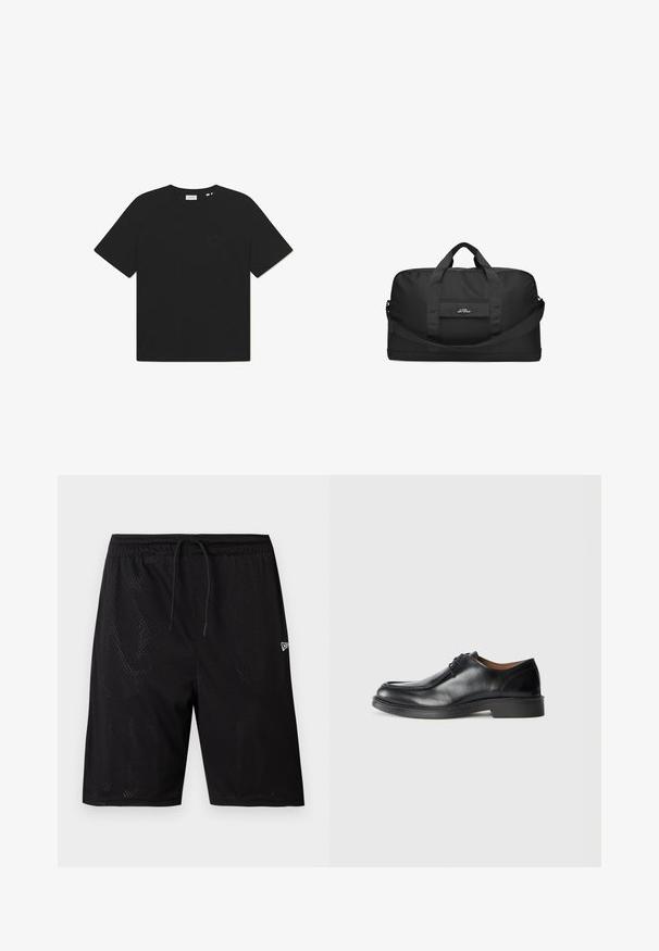 Tricou negru din bumbac, cu guler rotund și mâneci scurte. Prezentă un logo discret pe față. Textură moale și croială lejeră.; Shorts de sport negri din plasă, cu talie ajustabilă cu șnur, având o textură perforată și un mic logo alb în colțul din dreapta jos.; Pantof black din piele cu vârf rotunjit, suprafață netedă, accente cu șireturi și o talpă joasă din cauciuc texturat. Linii curate și un design minimalist.; Geantă de voiaj neagră realizată dintr-un material durabil, având două mânere superioare, o curea de umăr detașabilă și un buzunar frontal cu branding.