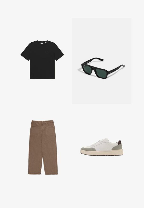 Crna pamukasta majica s okruglim izrezom i kratkim rukavima. Ima nježan tekstualni logo na prednjoj strani. Mekana tekstura i opušteni kroj.; Smeđe hlače širokih nogavica od pamuka, s dva prednja džepa i zatvaranjem na dugme. Tkanina ima mekanu teksturu i mat završnicu.; Bijele tenisice sa sivim nubukom i tamnosmešnim kožnim detaljima. Imaju vezanje, zaobljen vrh, debelu belu gumenu sole i minimalne šavove.; Crne pravokutne sunčane naočale sa zelenim staklima. Izrađene su od plastike s oktogonalnim oblikom i glatkom završnom obradom. Na strani se nalazi brendiranje Ray-Ban.