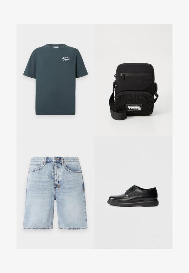 Pánske tmavosivé bavlnené tričko s krátkymi rukávmi, okrúhlym výstrihom a bielym logom "Maison Kitsuné" potlačeným na ľavej strane hrude.; Svetlo modré džínsy s rovnými nohavicami, piatimi vreckami a kontrastným prešívaním. Nerovný lem na spodnej strane. Predpraná textura.; Čierne kožené šnurovacie oxfordky s hrubou podrážkou a embosovaným nápisom "WATERMAN" po boku, zobrazené v profile na svetlošedom pozadí.; Čierna crossbody taška s mäkkou tkaninou na vrchu, textúrovanou sieťovinou dole, prednou vreckom na zips a nastaviteľným popruhom. Obsahuje nášivku s logom.