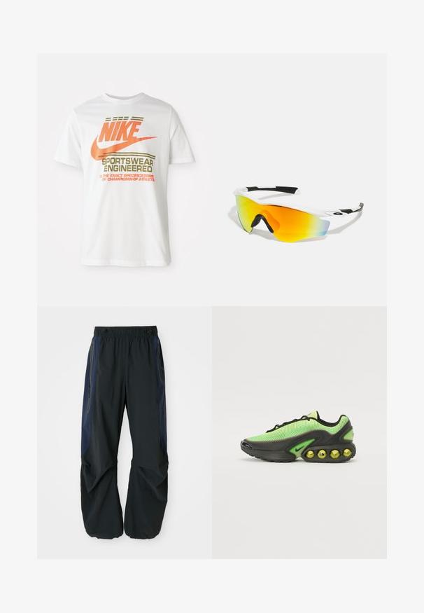 Balta kokvilnas t-kreklu ar lielu oranžu "NIKE" logo un zaļu tekstu, kas lasa "SPORTSWEAR ENGINEERED" un papildu specifikācijas.; Melni āra bikses ar brīvu piegriezumu, kurām ir elastīgs jostasvidus, jūras spēku blakuses, un abās pusēs ir kabatas ar rāvējslēdzējiem.; Nike sporta apavi ar acs audumu spilgti zaļā krāsā, melni akcenti un izteiksmīga zole ar redzamām dzeltenajām gaisa burbuļiem.; Baltas sporta saulesbrilles ar izliekta dizainu, melniem gumijas akcentiem un spoguļojošām oranžs-dzeltenām lēcām, kas pāriet uz zilu.