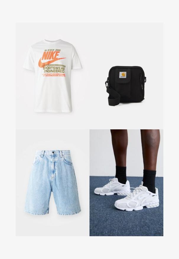 Balta medvilninė marškinė su dideliu oranžiniu "NIKE" logotipu ir žaliais užrašais, kuriais parašyta "SPORTSWEAR ENGINEERED" bei papildomomis specifikacijomis.; Šviesiai mėlyni džinsiniai šortai su aukštu liemeniu, kurie turi dvi priekinės kišenes, sagos uždarymą ir suplėšytą apdailą. Kasdienio stiliaus modelis.; Baltos sportiniai bateliai su tinkline viršutine dalimi, tekstūruotais akcentais ir paminkštintu padu. Puikiai derančios su juodomis klasikinių kojinių iki kulkšnies ant mėlynos kiliminės dangos.; Juoda petnešų rankinė su užtrauktuku pagrindiniame skyriuje, priekinė kišenė, reguliuojama juostele ir matoma logotipo etikete ant uždaromo dangtelio.