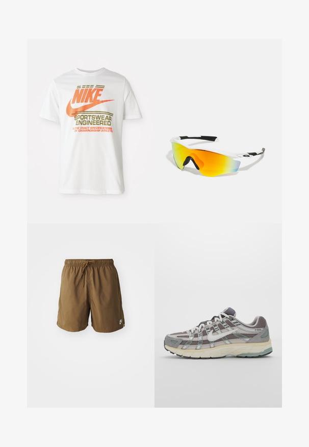 Bela bombažna majica s velikim oranžnim logotipom "NIKE" in zelenim napisom "SPORTSWEAR ENGINEERED" ter dodatnimi specifikacijami.; Rjave kopalne hlače iz lahkega materiala, z elastičnim pasom in vrvico za zategovanje ter diskretnim logotipom Nike na strani.; Sive športne čevlje z zgornjim delom iz mrežastega in semiš materiala, belimi akcenti, oblazinjenim podplatom ter edinstvenim dizajnom z odsevnimi elementi.; Bele športne sončna očala z ukrivljeno zasnovo, črnimi gumijastimi detajli in zrcalnimi oranžno-rumenimi lečami, ki prehajajo v modro.