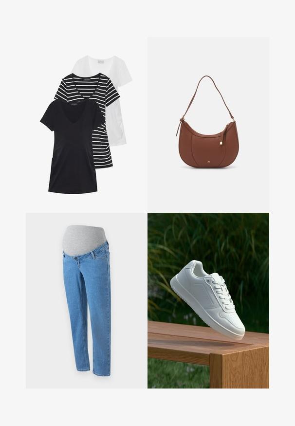 Tri majice: jedna potpuno crna, jedna bijela i jedna s crno-bijelim prugama. Sve imaju kratke rukave i dizajn s v-izrezom.; Svijetloplave trudničke traperice s rastezljivim sivo-belim panelom za trbuh, koje imaju prednje džepove i opušteni kroj. Prikaz detalja teksture trapera.; Bijela tenisica sa glatkim sintetičkim gornjim dijelom, perforiranim prednjim dijelom, ravnim vezicama i teksturiranom potplatom, prikazana na drvenoj površini.; Smeđa torba od umjetne kože s zakrivljenim oblikom, minimalnim šavovima i zlatnim metalnim detaljima. Ima zatvaranje na gornjoj strani sa patentnim zatvaračem i podesivu naramenicu.