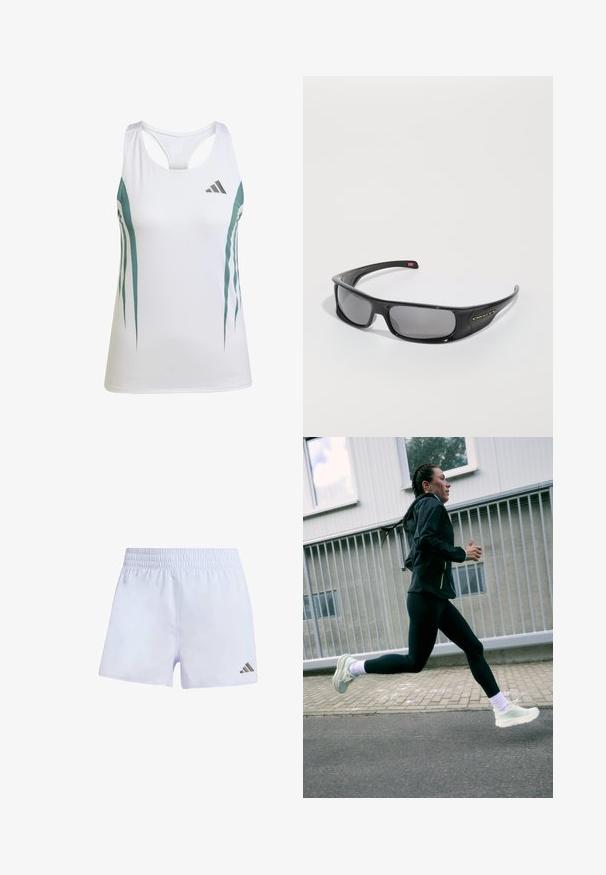 Vit sporttopp med turkosa detaljer och ett geometriskt mönster. Har en racerback-design och ett lätt, texturerat tyg.; Vita idrottsshorts med elastisk midja, gjorda av lätt material, med en liten mörk logotyp på den nedre högra benet.; Löparskor i ljusgrön med texturerad sula, kombinerat med svarta leggings och en svart jacka. Löpande person är i mellansteg på en asfalterad yta.; Svarta Oakley-wraparound-solglasögon med mörka rektangulära linser och böjda armar på en helt vit bakgrund.