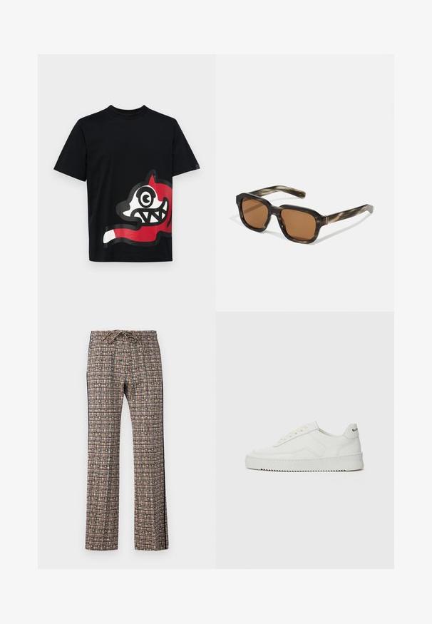 Icecream JUMBO RUNNING DOG - Print T-shirt - black; Patterned wide-leg trousers with a drawstring waist. Features a grid design in pink, black, white, and green, with floral accents.; White leather sneaker with a smooth finish, round toe, flat laces, and a textured sole. Features a subtle logo on the heel.; Plastic sunglasses with a tortoiseshell pattern, octagonal brown lenses, and thin gold hardware accents on the frame.