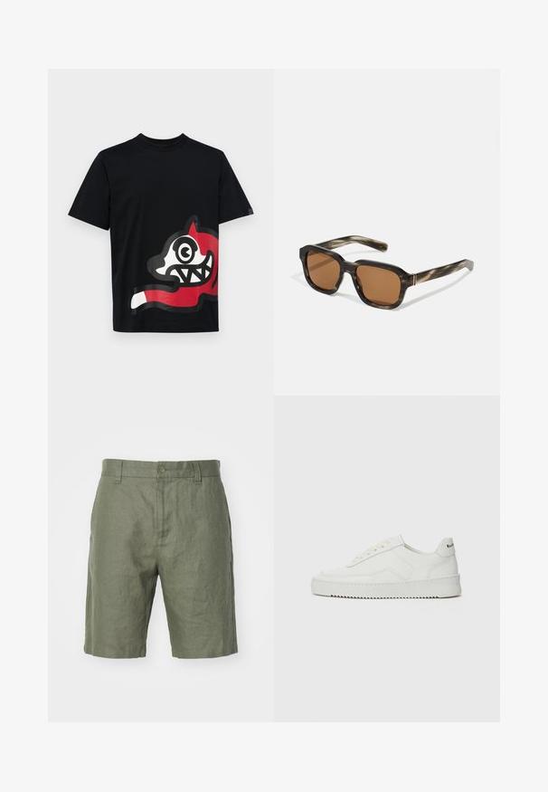 Icecream JUMBO RUNNING DOG - Majica kratkih rukava s printom - black; NN.07 CROWN - Kratke hlače - khaki; Bijele kožne tenisice s glatkom površinom, okruglim vrhom, ravnim vezicama i teksturiranom potplatom. Imaju suptilan logo na peti.; Plastične sunčane naočale s uzorkom kornjače, osmerokutnim smešnim lećama u smešnoj boji i tankim zlatnim detaljima na okviru.