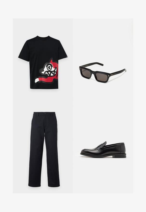 Icecream JUMBO RUNNING DOG - Marškinėliai su spaudiniu - black; Juodieji džinsai pagaminti iš medvilnės, su tiesiomis kelnėmis, priekyje mygtuko užsegimu ir šoninėmis kišenėmis. Paprastas ir funkcionalus stilius.; Juodos odinės loafers, turinčios lygų paviršių, apvalią noselę ir dekoratyvinę juostą per priekinę dalį. Žemas krentantis kulnas, minimalistinis dizainas.; Juodos stačiakampės akinių nuo saulės su tamsiais objektyvais, storu plastiko rėmu, auksinėmis detalėmis ant šventyklų ir prekės ženklo logotipu išgraviruotu ant šono.