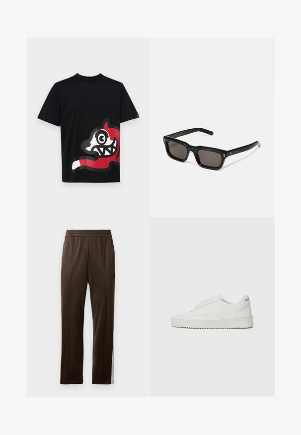 Icecream JUMBO RUNNING DOG - Apdrukāts T-krekls - black; Brūni sporta bikses ar elastīgu jostu, sānu svītras gaišākā tonī un kabatu ar mazu logo akcentu. Gluda tekstūra.; Baltas ādas sneakers ar gludu virsmu, apaļu pirkstu daļu, plakaniem šņorēm un teksturētu zoli. Satur diskrētu logotipu uz papēža.; Melnas taisnstūra formas saulesbrilles ar tumšiem stikliem, bieza plastmasas rāmja, zelta akcenti pie tempļiem un zīmola logo iegravēts roku daļā.