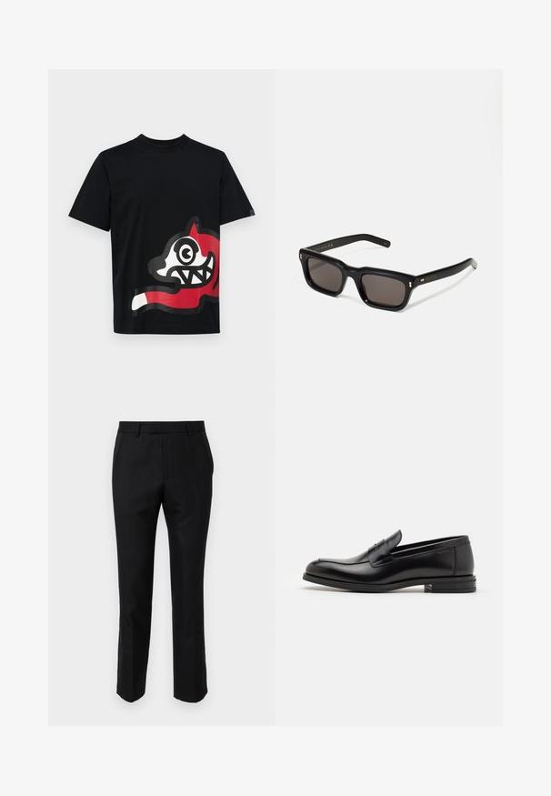 Icecream JUMBO RUNNING DOG - Trükipildiga T-särk - black; Mustad ülikonna püksid, mis on slim fit lõikega, küljetaskutega ja sileda tekstuuriga. Servad on viimistletud puhta servaga.; Mustad mustad nahast loafers sileda tekstuuriga, ümarat ninaosa ja dekoratiivne riba vampi üle. Madal kihiline konts, minimalistlik disain.; Mustad mustakorruselised prillid tumedate läätsedega, paks plastikraam, kuldsed aksendid templites ning kaubamärgi logo graveeritud käe lilla.
