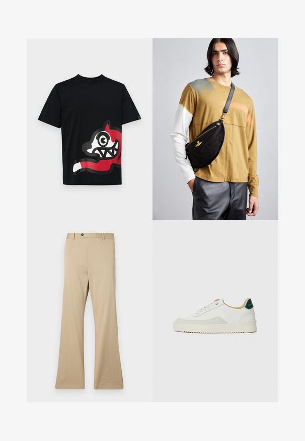 Icecream JUMBO RUNNING DOG - Marškinėliai su spaudiniu - black; Šviesiai rudos spalvos klostuoti kelnės, pagamintos iš lygios medžiagos. Įrengtas mygtukų uždarymas, priekiniai kišenės ir pritaikytas siluetas per klubus, pereinantis į plačią kojelę.; Baltos sportbačiai su zomšos akcentais, apvaliu nosiu, plokščiais raišteliais ir kreminės spalvos guminiu padu. Ant kulno yra žalia ženklinimo detalė.; Vivienne Westwood CITY BUMBAG UNISEX - Diržinis krepšelis - black