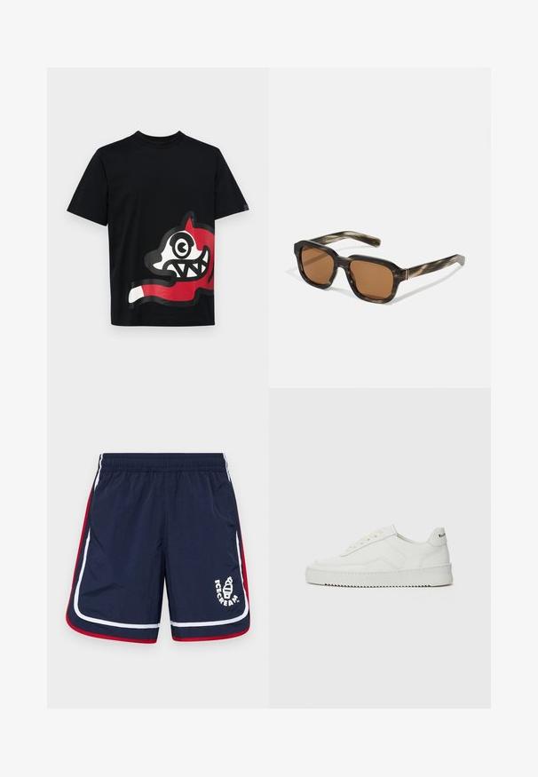 Icecream JUMBO RUNNING DOG - Marškinėliai su spaudiniu - black; Tamsiai mėlyni maudymosi šortai su baltomis ir raudonomis šoninėmis juostelėmis, elastinga juosmens juosta ir logotipas su ledų kupolu priekyje.; Balti odiniai sportiniai bateliai su lygia apdaila, apvaliu pirštu, plokščiais raišteliais ir tekstūruotu padu. Pasižymi subtiliu logotipu ant kulno.; Plastikiniai saulės akiniai su šelkės raštu, aštuonkampiais rudais lęšiais ir plonais auksiniais akcentais ant rėmo.