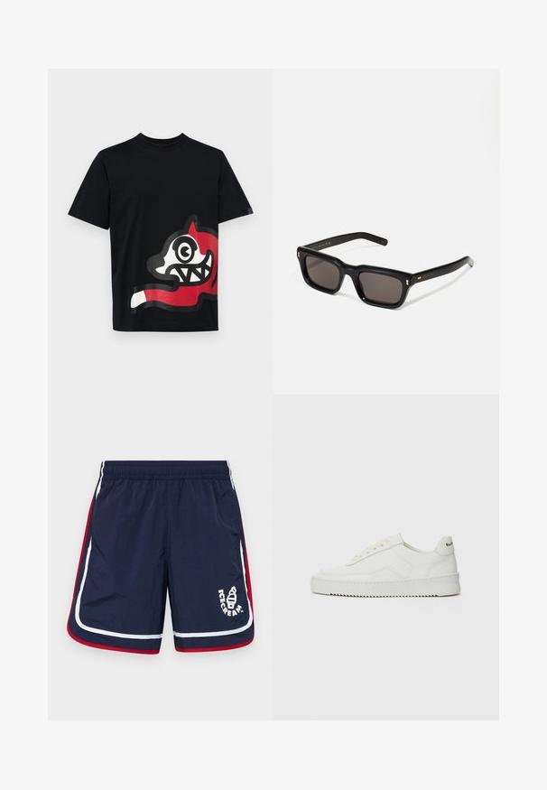 Icecream JUMBO RUNNING DOG - T-shirt con stampa - black; Costume da bagno blu navy con strisce laterali bianche e rosse, cintura elastica e un logo con un cono gelato sulla parte anteriore.; Sneaker in pelle bianca con una finitura liscia, punta rotonda, lacci piatti e suola testurizzata. Presenta un logo discreto sul tallone.; Occhiali da sole neri rettangolari con lenti scure, montatura spessa in plastica, dettagli dorati sulle tempie e logo del marchio inciso sull'asta.