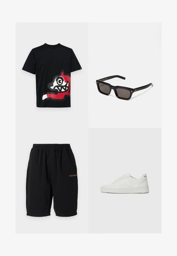Icecream JUMBO RUNNING DOG - T-shirt imprimé - black; Shorts en coton noirs avec une taille élastique, coupe droite et poches latérales. Présente l'inscription "No Problemo" brodée en orange sur le devant.; Baskets en cuir blanc avec une finition lisse, bout arrondi, lacets plats et semelle texturée. Présente un logo discret sur le talon.; Lunettes de soleil noires rectangulaires avec des verres foncés, monture en plastique épais, accents dorés sur les branches et logo de la marque gravé sur le bras.