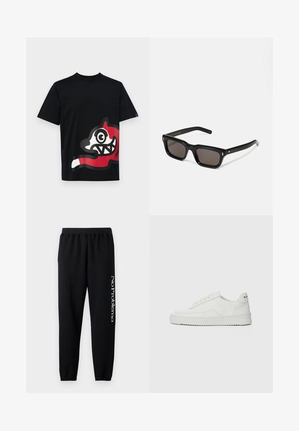 Icecream JUMBO RUNNING DOG - T-Shirt print - black; Schwarze Sweatpants mit elastischem Bund, schmal zulaufenden Knöcheln und weißem "No Problemo"-Text, der auf dem linken Bein aufgedruckt ist. Weiches Baumwollmaterial.; Weiße Ledersneaker mit glatter Oberfläche, runder Zehenpartie, flachen Schnürsenkeln und strukturiertem Sohlenprofil. Mit einem dezenten Logo an der Ferse.; Schwarze rechteckige Sonnenbrille mit dunklen Gläsern, dickem Kunststoffrahmen, goldenen Akzenten an den Bügeln und eingraviertem Markenlogo am Arm.