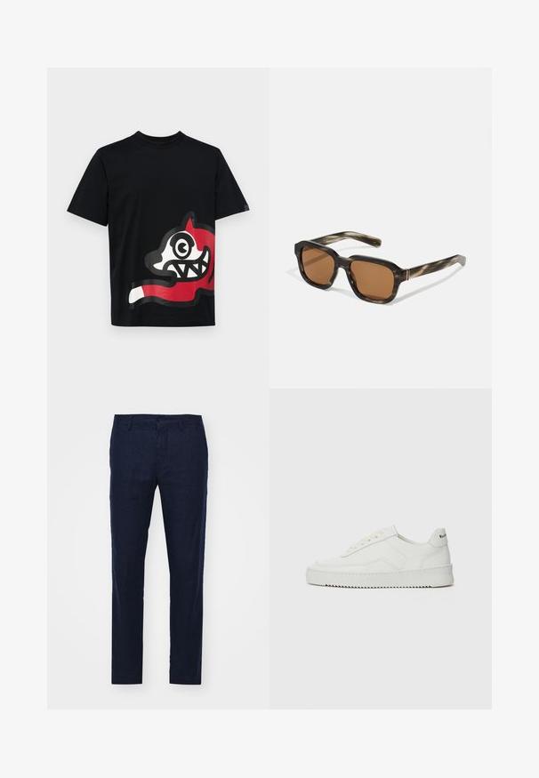 Icecream JUMBO RUNNING DOG - Nyomott mintás póló - black; NN.07 THEO - Nadrágok - dark blue; Fehér bőr sportcipő sima felülettel, kerek orral, lapos fűzőkkel és texturált talppal. Finom logó található a sarokon.; Műanyag napszemüveg teknősbékapáncélszerű mintával, nyolcszögletű barna lencsékkel és vékony arany hardware díszítéssel a kereten.