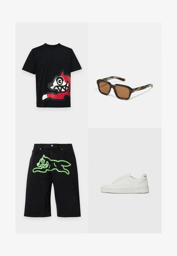 Icecream JUMBO RUNNING DOG - Apdrukāts T-krekls - black; Icecream RUNNING DOG  - Džinsa auduma šorti - black denim; Baltas ādas sneakers ar gludu virsmu, apaļu pirkstu daļu, plakaniem šņorēm un teksturētu zoli. Satur diskrētu logotipu uz papēža.; Plastmasas saulesbrilles ar bruņurupuču rakstu, oktagona formas brūnas lēcas un plānas zelta detaļas rāmī.