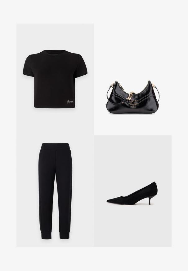 Black, short-sleeved T-shirt made of cotton. Features a round neckline and small silver "Guess" logo on the lower left.; Black sweatpants with tapered legs, featuring a wide elastic waistband and textured side panels. Made from a soft, stretchy material.; Black suede high heel shoe with a pointed toe and a slim, low heel. Smooth texture with a sleek design, featuring no visible hardware.; Black patent leather bag featuring a curved design, gold hardware accents, and a prominent logo. Includes a removable shoulder strap.