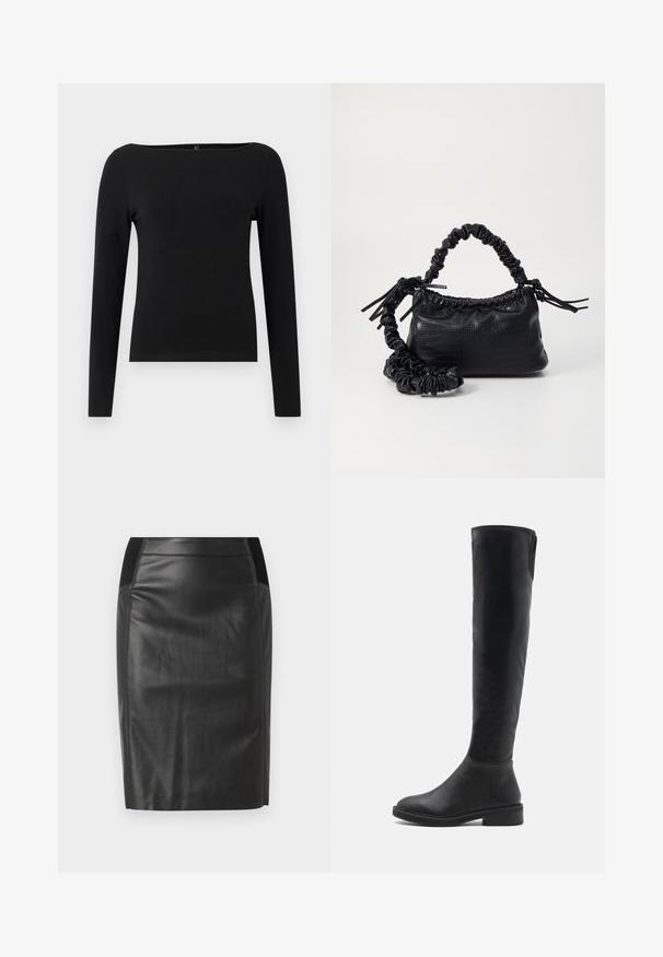 Čierny top s dlhými rukávmi a lodičkovým výstrihom, vyrobený z hladkej látky. Jednoduchý dizajn bez vzorov alebo akcentov.; Čierna kožená ceruzková sukňa so priliehavým strihom, hladkou textúrou a elastickým pásom po oboch stranách. Rovný lem na spodnej strane.; Čierne nadkolenné čižmy vyrobené z hladkej syntetickej kože s okrúhlou špičkou, nízkym blokovým podpätkom a kontrastným prešívaním pozdĺž horného okraja.; Čierna umelá kožená kabelka s kroko vzorom, sťahovaným vrchom a zhnutým popruhom. Vyzerá mäkko a kompaktné v dizajne.
