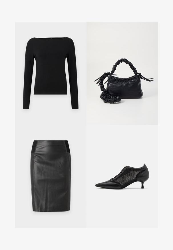 Camisola preta de mangas longas com decote barco, feita de um tecido suave. Design simples, sem padrões ou detalhes.; Saia lápis de couro preto com um design justo, textura suave e detalhes em cintura elástica de ambos os lados. Barra reta na parte inferior.; Shoe preto de bico fino com um design de painel em malha, apresentando um salto baixo e amarração na parte da frente. Feito de uma combinação de couro e material de malha.; Bolsa de mão em couro sintético preto com textura de crocodilo, topo franzido e alça enrugada. Apresenta um design suave e compacto.