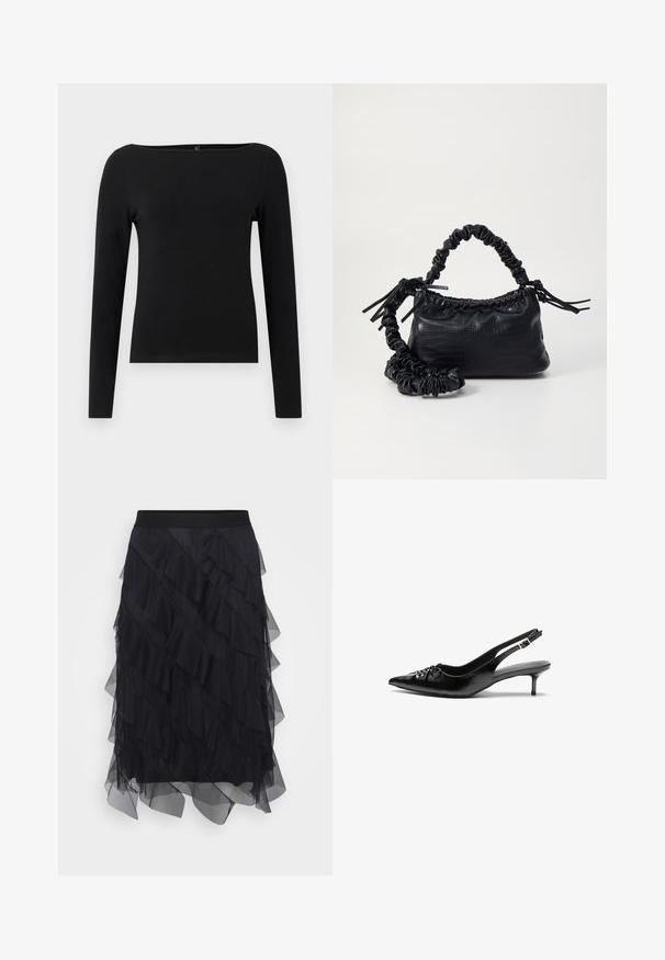 Bluză neagră cu mânecă lungă și decolteu bateau, realizată dintr-un material fin. Design simplu, fără modele sau accente.; Fustă din tull negru cu volane stratificate, talie elastică și o siluetă fluidă. Textura transparentă oferă ușurință și mișcare.; Cizme slingback din piele neagră, cu vârf ascuțit, toc mic de tip kitten heel și un detaliu decorativ sub formă de nod în față. Textură netedă pe întreaga suprafață.; Geantă din faux leather neagră cu textură de crocodil, cu partea superioară strânsă și o curea mototolită. Pare moale și compactă ca design.
