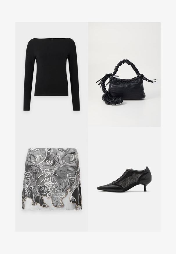 Zwarte lange mouw top met een bootlijn, gemaakt van een gladde stof. Eenvoudig ontwerp zonder patronen of accenten.; Zwart-witte mini rok met een patroon van abstracte ontwerpen, een gegolfde zoom en een gladde stoftextuur met een subtiele glans.; Zwarte schoen met spitse neus en een ontwerp met gaaspanelen, voorzien van een lage hak en vetersluiting. Gemaakt van een combinatie van leer en gaasmateriaal.; Zwarte nepleer handtas met een krokodillenstructuur, opgedroogde bovenkant en een gekreukte hengsel. Het lijkt zacht en compact van ontwerp.