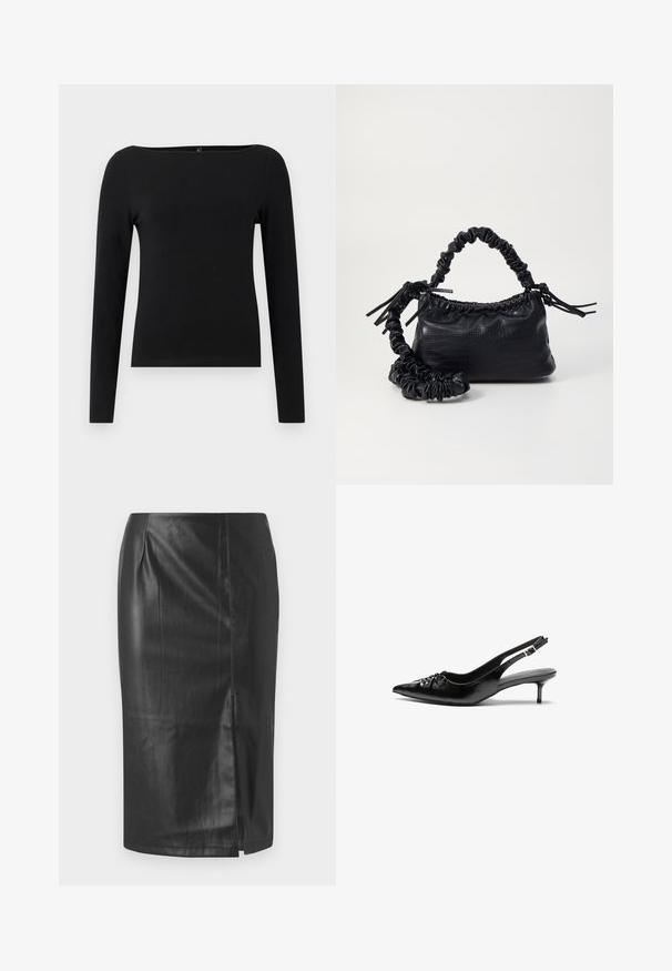Svart langärmad topp med båtformad halsringning, tillverkad av slät tyg. Enkel design utan mönster eller accenter.; Svart läder pencilkjol med en elegant design, med en sidoöppning och slät textur, lämplig för både formellt och avslappnat bruk.; Svarta läder slingback klackar med spetsig tå, liten kittenklack och en dekorativ knutdetalj på framsidan. Slät textur hela vägen.; Svart faux läderhandväska med krokodiltextur, snodd topp och en skrämd rem. Ser mjuk och kompakt ut i designen.