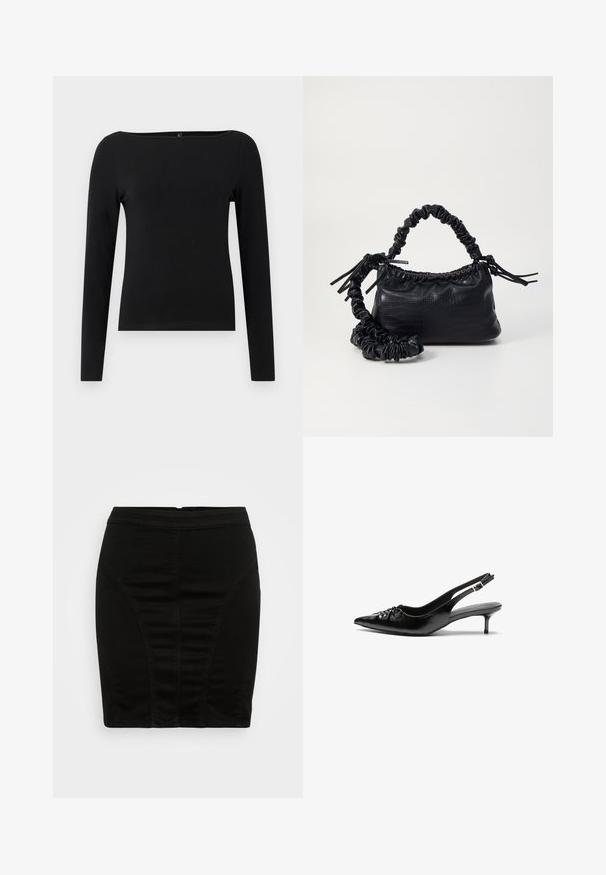 Zwarte lange mouw top met een bootlijn, gemaakt van een gladde stof. Eenvoudig ontwerp zonder patronen of accenten.; Zwarte denim kokerrok met een aansluitend ontwerp, voorzien van verticale naaddetails en een middenhoog tailleband voor een gestroomlijnd silhouet.; Zwarte leren slingbackhakken met een spitsen neus, lage kittenhak en geplooide details op het bovendeel. Gladde textuur en minimalistisch ontwerp.; Zwarte nepleer handtas met een krokodillenstructuur, opgedroogde bovenkant en een gekreukte hengsel. Het lijkt zacht en compact van ontwerp.