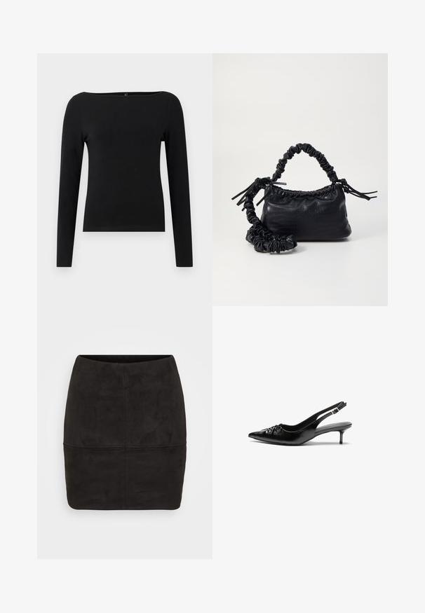 Must mustriga mustpealne särk, millel on paadi kaelus, valmistatud siledast kangast. Lihtne disain, ilma mustrite või aktsentideta.; Mustmust mini seelik, millel on korsetiloodud disain, sujuva tekstuuri ja vertikaalse õmbluse detailidega ees.; Musthave nahkased kõrged kontsad, millel on terav varvas, väike kitten-kont ja dekoratiivne sõlm ees. Ühtlane sile tekstuur.; Must must sünteetilisest nahast käekott, millel on krokodillimuster, kokku tõmmatav ülaosa ja kortsus rihm. Tundub pehme ja kompaktne disain.