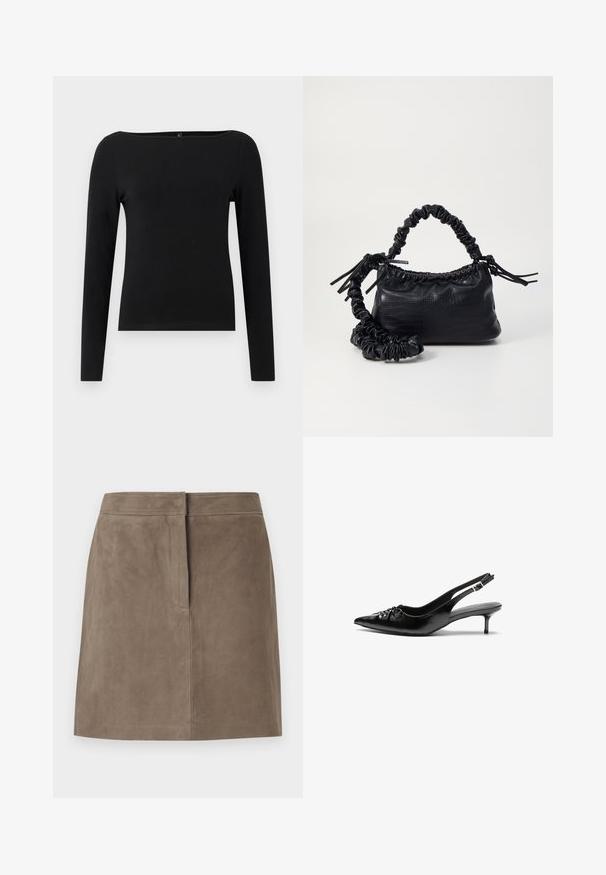 Svart langermet topp med båtutringning, laget av glatt stoff. Enkel design uten mønstre eller detaljer.; Taupe knelengde semsket skjørt med rett passform og skjulte sømdetaljer foran mot en ensfarget bakgrunn.; Sorte skinnert remsandaler med spiss tå, liten kittenhæl og en dekorativ knute detalj foran. Glatt tekstur gjennom hele.; Svart faux skinn-håndveske med krokodilletekstur, strammet topp og en rynket stropp. Ser myk og kompakt ut i designen.