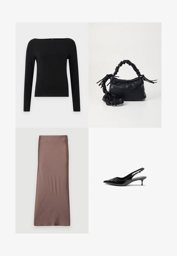 Maglietta nera a maniche lunghe con scollo a barca, realizzata in tessuto morbido. Design semplice senza motivi o dettagli.; Gonna midi in satin marrone con una texture liscia, silhouette aderente e vita. Nessun motivo o dettaglio visibile.; Tacchi slingback in pelle nera con punta affusolata, piccolo tacco kitten e un dettaglio a nodo decorativo sulla parte anteriore. Texture liscia su tutta la superficie.; Borsa a tracolla in ecopelle nera con texture a coccodrillo, apertura cinchata e tracolla arricciata. Si presenta con un design morbido e compatto.