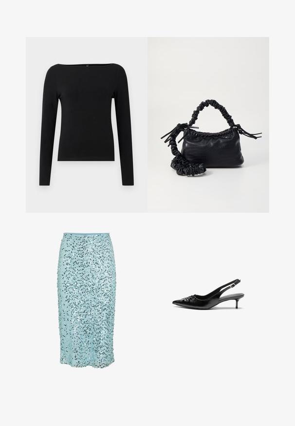 Crni dugoruki top s brodskim izrezom, izrađen od glatke tkanine. Jednostavan dizajn bez uzoraka ili akcenta.; Svijetlopliska suknja s kamenčićima, prilagođena dizajnu, ukrašena valovitim uzorkom sjajnih kamenčića, do koljena s glatkom teksturom.; Crne kožne sandale na petu s ikkrenim nosom, malom kitten petom i dekorativnom mašnom sprijeda. Glatka tekstura svuda.; Crna torba od umjetne kože s teksturom krokodila, s cinčanim vrhom i naboranom trakom. Izgleda mekano i kompaktno u dizajnu.