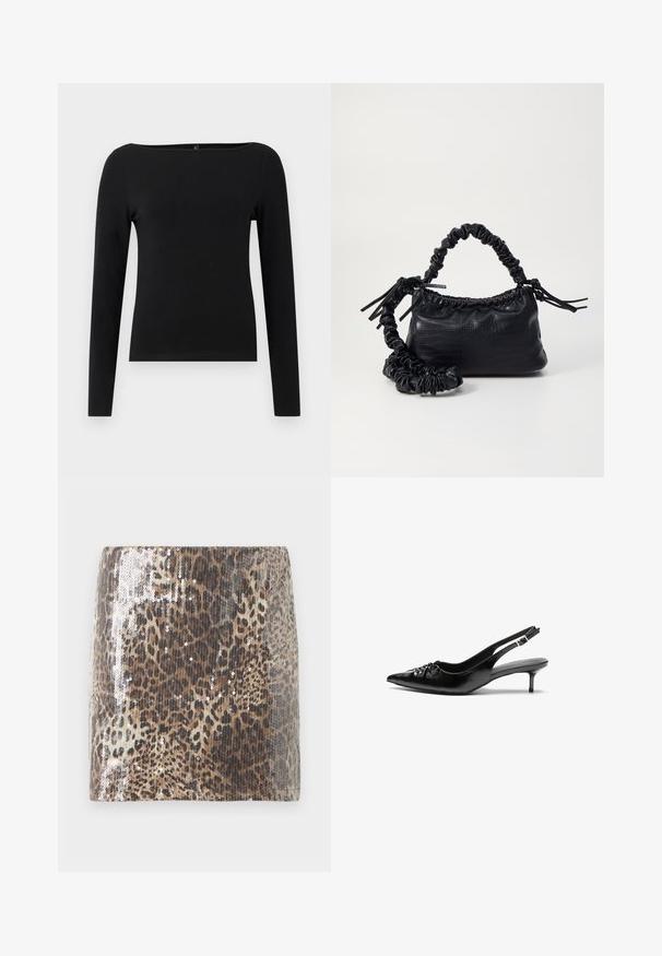 Svart langermet topp med båtutringning, laget av glatt stoff. Enkel design uten mønstre eller detaljer.; Mini skjørt med leopardmønster laget av teksturert stoff, med sølvpaljetter som fremhever dyremønsteret, med en tettsittende silhuett.; Sorte skinnert remsandaler med spiss tå, liten kittenhæl og en dekorativ knute detalj foran. Glatt tekstur gjennom hele.; Svart faux skinn-håndveske med krokodilletekstur, strammet topp og en rynket stropp. Ser myk og kompakt ut i designen.