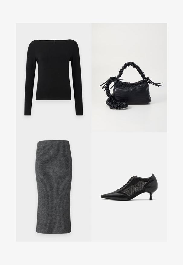 Svart langermet topp med båtutringning, laget av glatt stoff. Enkel design uten mønstre eller detaljer.; Grå ribbestrikket blyantskjørt med en tettsittende passform, høy midje og glatt tekstur. Designet for en strømlinjeformet silhuett.; Svart spiss tå-sko med meshpaneldesign, med lav hæl og snøring foran. Laget av en kombinasjon av lær og meshmateriale.; Svart faux skinn-håndveske med krokodilletekstur, strammet topp og en rynket stropp. Ser myk og kompakt ut i designen.