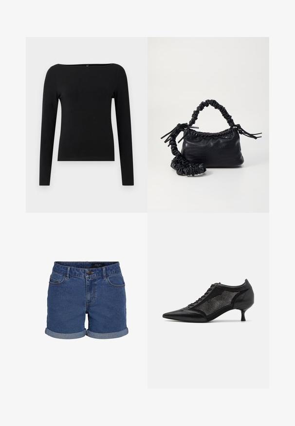 Camisola preta de mangas longas com decote barco, feita de um tecido suave. Design simples, sem padrões ou detalhes.; Calções de ganga em azul escuro com um corte clássico. Apresentam bainhas dobradas, dois bolsos delanteros e fecho com botão. Textura suave.; Shoe preto de bico fino com um design de painel em malha, apresentando um salto baixo e amarração na parte da frente. Feito de uma combinação de couro e material de malha.; Bolsa de mão em couro sintético preto com textura de crocodilo, topo franzido e alça enrugada. Apresenta um design suave e compacto.